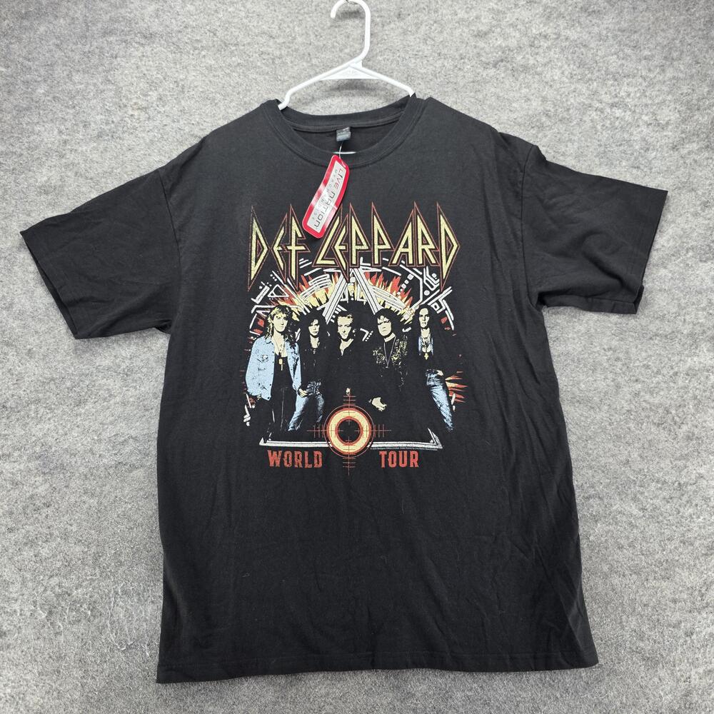 Def Leppard M&O Gold Shirt Mens L Black World Tour Graphic Band Tee Rock Music